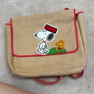 Vintage Snoopy Burlap Backpack with Red Trim